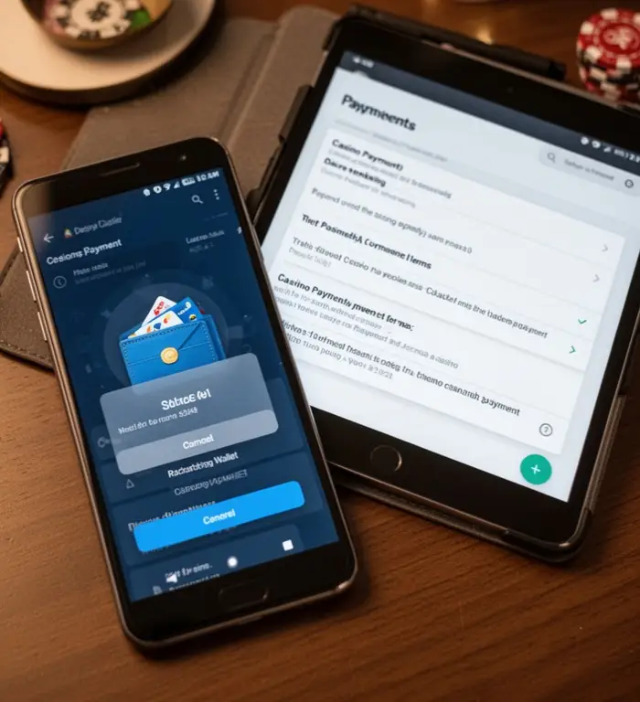 An Android phone shows a wallet prompt while casino payment terms are checked on a tablet.