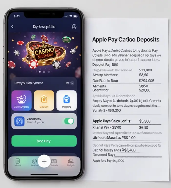A mobile payment screen is open next to written limits for Apple Pay casino deposits.