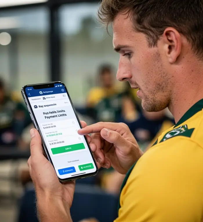 An Australian player reviews payment limits on a phone before deciding whether to continue.
