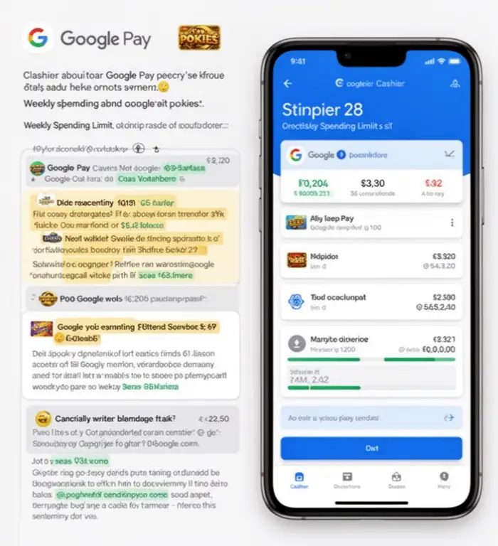 Notes about Google Pay pokies sit beside a mobile cashier screen and a weekly spending limit.