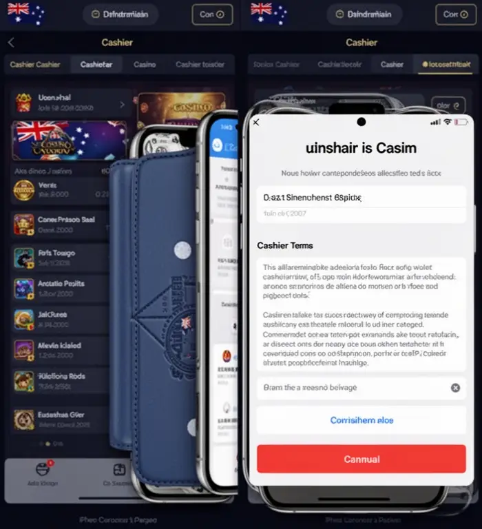 An iPhone wallet confirmation appears while an Australian player checks the casino cashier terms.