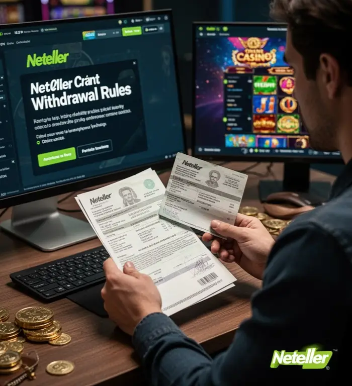A player prepares identity documents before checking Neteller withdrawal rules at an online casino.