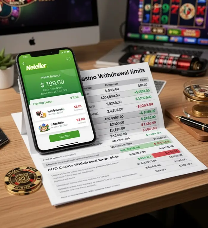 A Neteller style wallet balance is compared with AUD casino withdrawal limits on a desk.