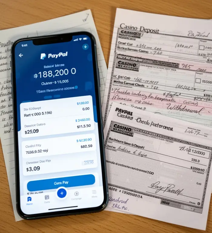 A PayPal balance screen sits beside notes about casino deposits and withdrawal checks.