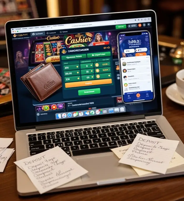 A laptop screen shows a casino cashier beside a wallet app and handwritten deposit notes.