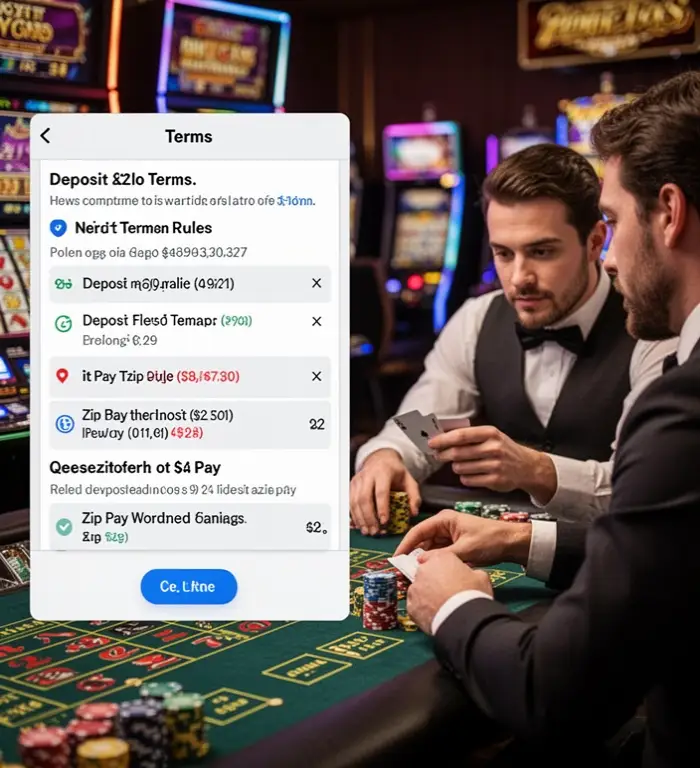 A casino terms page shows deposit rules while a player compares Zip Pay wording carefully.