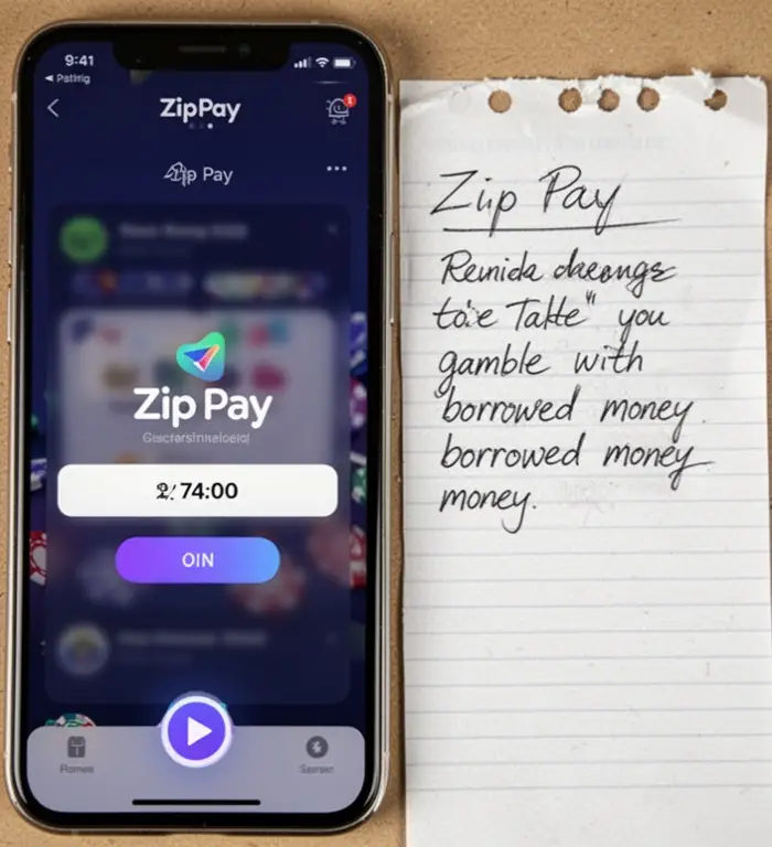 A Zip Pay app screen is paused beside a handwritten reminder not to gamble with borrowed money.